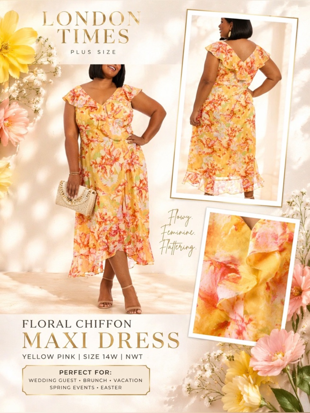 London Times Plus Size Floral Chiffon Dress 14W NWT Wedding Guest Spring